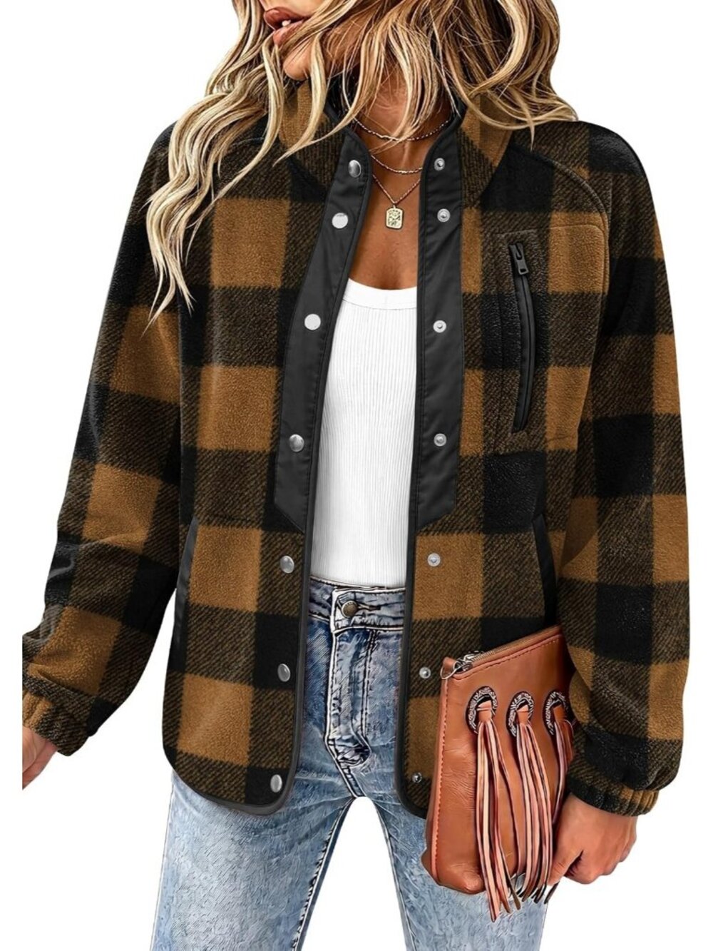 Women's Brown Plaid Fleece Jacket Western Aztec Print Snap Button Down Outerwear